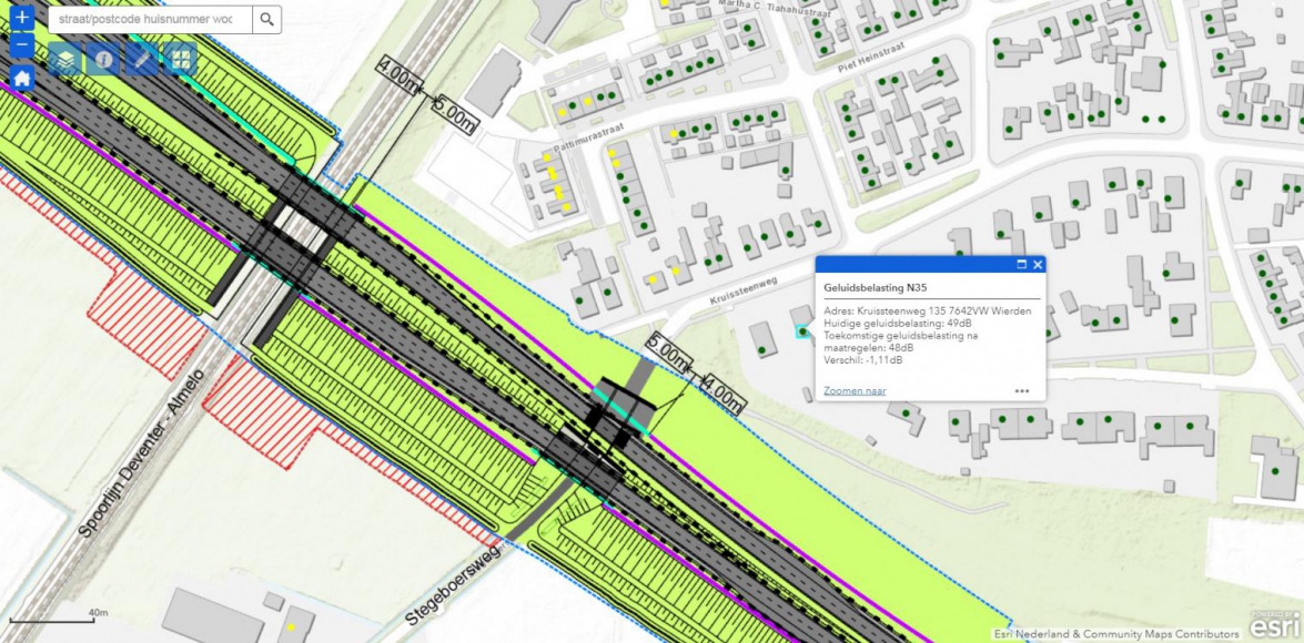 (Weg)ontwerp en geluidbelasting van OTB N35 Nijverdal-Wierden op digitale kaart te zien