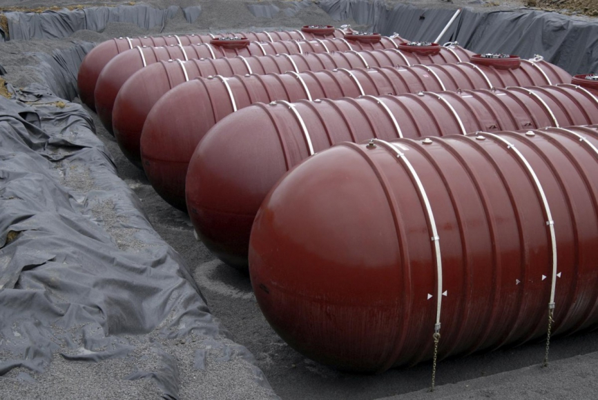 red storage tanks