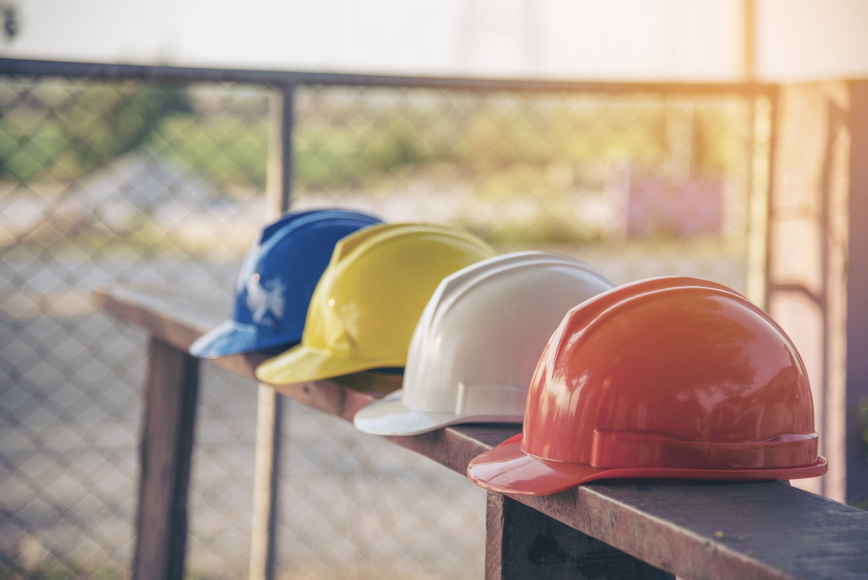 Hard hats on a bench