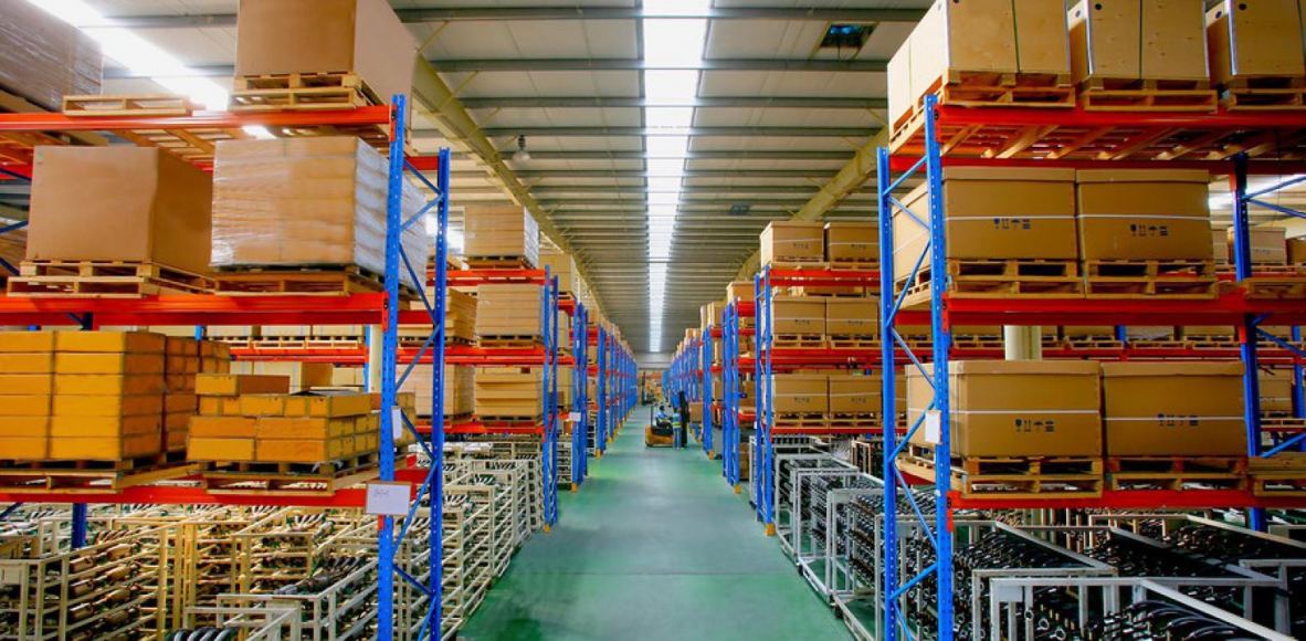 Shelves with boxes in a warehouse