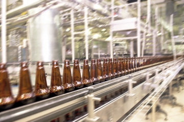 bottles on conveyor belt at packing facility