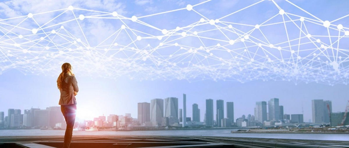 Woman looking at city skyline 