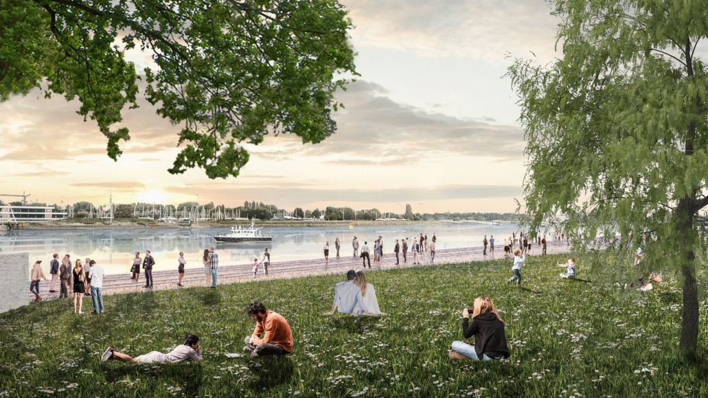 Climate-resilient park landscape integrates water barrier and memorial monument on Antwerp's Scheldekaaien